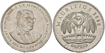 Маврикий 5 рупий 2009 Сивусагур Рамгулам KM 56 медно-никель aUNC 4144-833