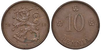 Финляндия 10 пенни 1919 KM 24 медь 45-1031