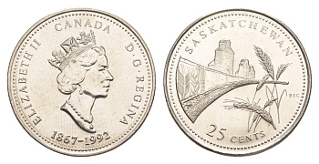 Канада 25 центов 1992 125 лет Конфедерации Канада - Саскачеван KM 223 никель UNC 4637-915