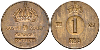 Швеция 1 эре 1962 Густав VI Адольф (1950-1973) KM 820 бронза 4580-1061