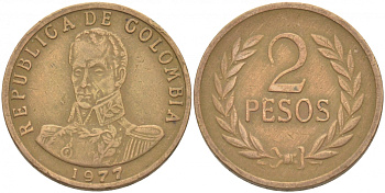 Колумбия 2 песо 1977 Симон Боливар KM 263 бронза 4448-843