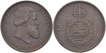 Бразилия 20 рейсов 1869 Педро II (1831-1889) KM 474 бронза 4529-454