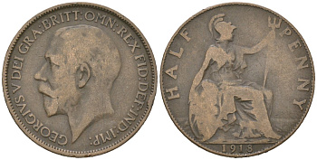 Великобритания 1/2 пенни 1918 Георг V (1910-1936) KM 809, Spink 4056 бронза 4616-734