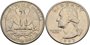 США 25 центов (квотер) 1993 P, Вашингтон KM А164а медь плакированная медно-никелем    4603-955