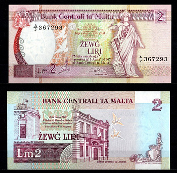 Мальта 2 лиры 1967 (1989) Pick 41 бумага 2198-20-2-1