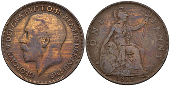 Великобритания 1 пенни 1919 Георг V (1910-1936) KM 810, Spink 4051 бронза 4607-1216