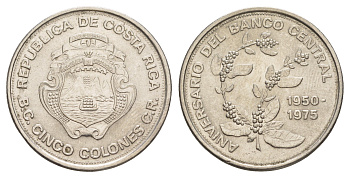 Коста-Рика 5 колонов 1975 25 лет Центральному Банку KM 203 никель UNC 4642-1013