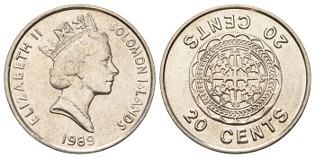 Соломоновы Острова 20 центов 1989 KM 28 сталь плакированная никелем UNC 4624-121