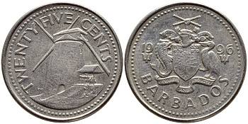 Барбадос 25 центов 1996 ветряная мельница Моргана Льюиса KM 13 медно-никель 4398-436