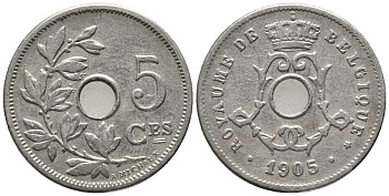 БЕЛЬГИЯ 5 САНТИМОВ 1905 BELGIQUE KM 52 медно-никель 4387-521