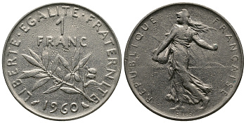 ФРАНЦИЯ 1 ФРАНК 1960 СЕЯТЕЛЬ KM 925.1, LE FRANC 226.4 никель 84-853