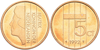 Нидерланды 5 центов 1992 Беатрикс (1980-2013) KM 202 бронза UNC 4116-251