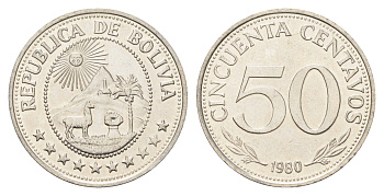 Боливия 50 сентаво 1980 KM 190 сталь плакированная никелем UNC 4662-457