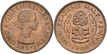 Новая Зеландия 1/2 пенни 1964 Елизавета II (1952-2022), божество Хей-Тики KM 23.2 бронза UNC 4119-916