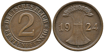 ГЕРМАНИЯ 2 РЕНТЕНПФЕННИГА 1924 A KM 31, J. 307 бронза 24-627