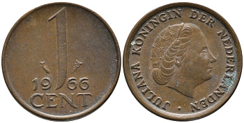 НИДЕРЛАНДЫ 1 ЦЕНТ 1966 ЮЛИАНА KM 180 бронза 96-1231