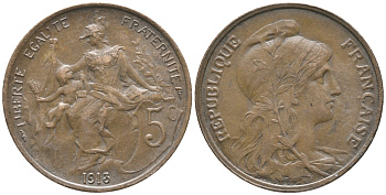 ФРАНЦИЯ 5 САНТИМОВ 1913 ТИП ДАНИЭЛЬ ДЮПЮИ KM 842, LE FRANC 119.25 бронза 34-444