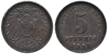 Германия 5 пфеннигов 1919 D KM 19, J. 297, Weege 5 железо 4118-1151