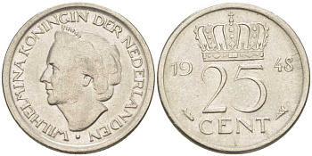 НИДЕРЛАНДЫ 25 ЦЕНТОВ 1948 ВИЛЬГЕЛЬМИНА (1890-1948) KM 177 никель 211-623