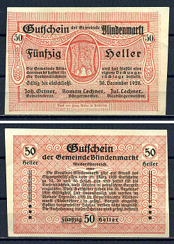 Блинденмаркт (Австрия) 50 геллеров 1920 Jaksc/Pick?JPR0093b-50 бумага 7556-30-3-2