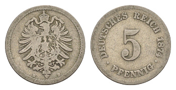 Германия 5 пфеннигов 1874 B, Вильгельм I (1871-1888) KM 3, J. 3, Weege 5 медно-никель 4639-1239