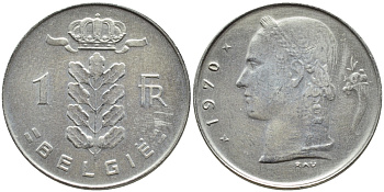 БЕЛЬГИЯ 1 ФРАНК 1970 BELGIE KM 143.1 медно-никель 4385-456