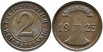 ГЕРМАНИЯ 2 РЕЙХСПФЕННИГА 1925 G, ВЕЙМАРСКАЯ РЕСПУБЛИКА (1919-1933) KM 38, Jager 314, Weege 4 бронза 4546-837