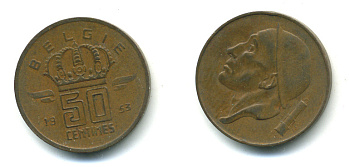 БЕЛЬГИЯ 50 САНТИМОВ 1953 BELGIE KM 145 бронза 86-746