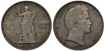 Бавария 2 талера 1837 монетный союз шести южных немецких земель KM 792, AKS 98 b; Dav. 581; Kahnt 102 f; Thun 75 серебро 00-815-04