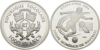 Того 1000 франков 2002 чемпионат мира по футболу 1994 года в США KM 37 серебро PROOF 04-318-24