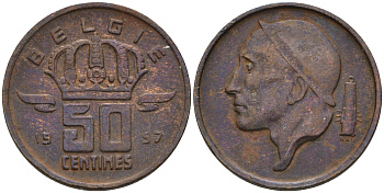 Бельгия 50 сантимов 1957 Belgie, Бодуэн I (1951-1993) KM 149.1 бронза 4189-112
