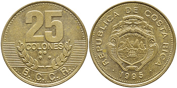 КОСТА-РИКА 25 КОЛОН 1995 B.C.C.R., ГОД ТИП KM 229 сталь плакированная латунью 51-1236