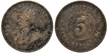Маврикий 5 центов 1917 Георг V (1910-1936) KM 14 бронза 4391-312