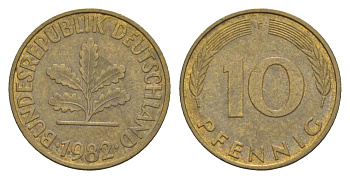 ФРГ 10 пфеннигов 1982 F KM 108, J. 383 сталь плакированная латунью 4627-113