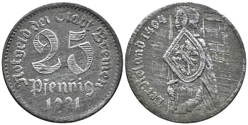 БРЕМЕН 25 ПФЕННИГОВ 1921 НОТГЕЛЬД, СТАТУЯ РОЛАНДА цинк 24-1157
