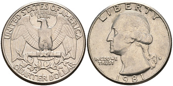 США 25 центов (квотер) 1981 D, Джордж Вашингтон KM 164a медь плакированная медно-никелем 92-1151