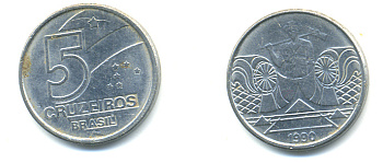 Бразилия 5 крузейро 1990 фермер KM 618.1 нержавеющая сталь aUNC 93-711