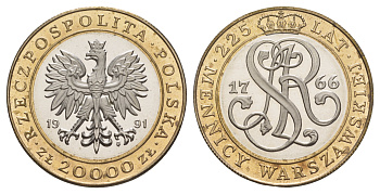 Польша 20000 злотых 1991 MW, 225 лет Варшавскому монетному двору KM 215 биметалл  PROOF  1096-4-14