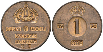 Швеция 1 эре 1970 Густав VI Адольф (1950-1973) KM 820 бронза 4585-315