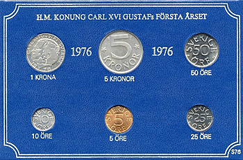 Швеция набор монетного двора из 6 монет 1976 в картоне, Карл XVI Густав (1973- ) KM MS4 UNC 7-5-7-217