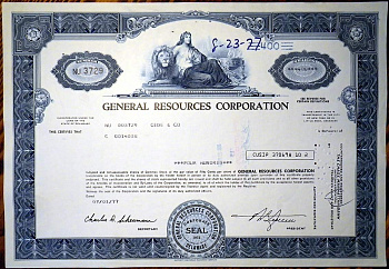 США GENERAL RESOURCES CORPORATION 1977 сертификат на 400 акций 00-00