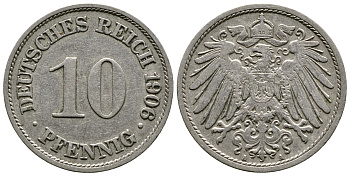 ГЕРМАНИЯ 10 ПФЕННИГОВ 1906 A KM 12, J. 13 медно-никель 4364-625