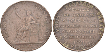 Франция 2 соля (су) 1791 LAN III, революции, токен, MONNERON FRERES NEGOCIANS A PARIS (Торговцы братья Моннерон. Париж) KM Tn23, Guilloteau 233 бронза 189-516