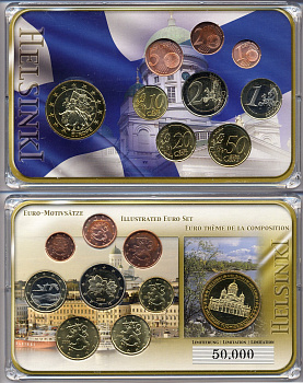 Финляндия евронабор от 1 евроцента до 2 евро  включает жетон собор в Хельсинки, планшет  биметалл, медно-никель  UNC  3-6-5-09