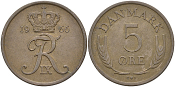 Дания 5 эре 1966 C; S, Фредерик IX (1947-1972) KM 848.1 бронза 106-114