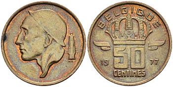БЕЛЬГИЯ 50 САНТИМОВ 1977 BELGIQUE KM 148.1 бронза 4528-923