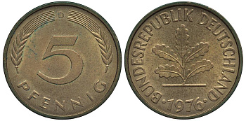 ФРГ 5 ПФЕННИГОВ 1976 D KM 107, Jager 382 сталь плакированная латунью 4547-752