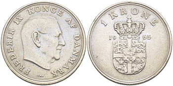 ДАНИЯ 1 КРОНА 1965 C; S, ФРЕДЕРИК IX (1947-1972) KM 851.1 медно-никель 117-445