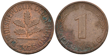 ФРГ 1 ПФЕННИГ 1975 F KM 105, J.380 сталь плакированная медью 4567-863