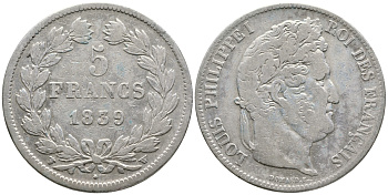 Франция 5 франков 1839 W, Луи Филипп I (1830-1848 )KM 749.13 серебро 1066-6-52